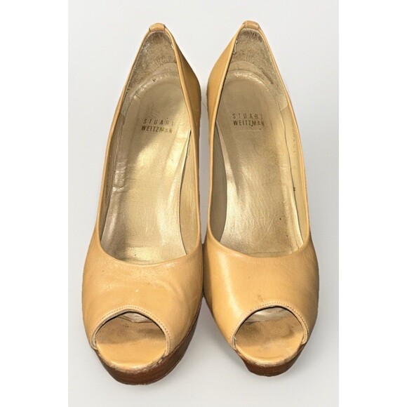 Stuart Weitzman Peep Toe Leather Platform Pumps Heels Tan Wood Size 8 - Picture 4 of 10